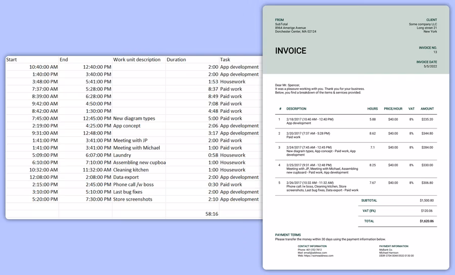 WorkingHours export to Excel CSV and PDF invoice